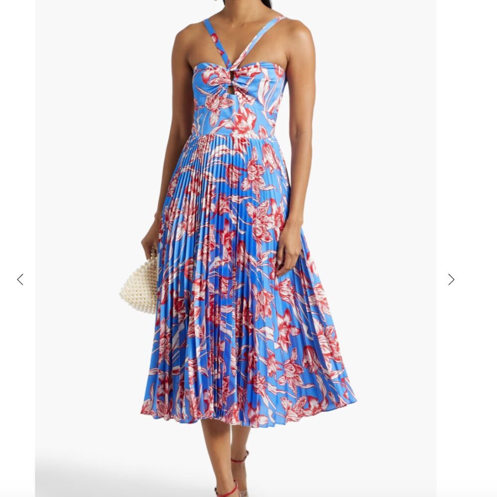 ML MONIQUE LHUILLIER Pleated floral-print satin midi dress